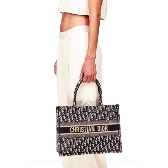 Pre-owned Christian Dior Oblique Embroidery Medium Book Tote Blue - Picture 1 of 12